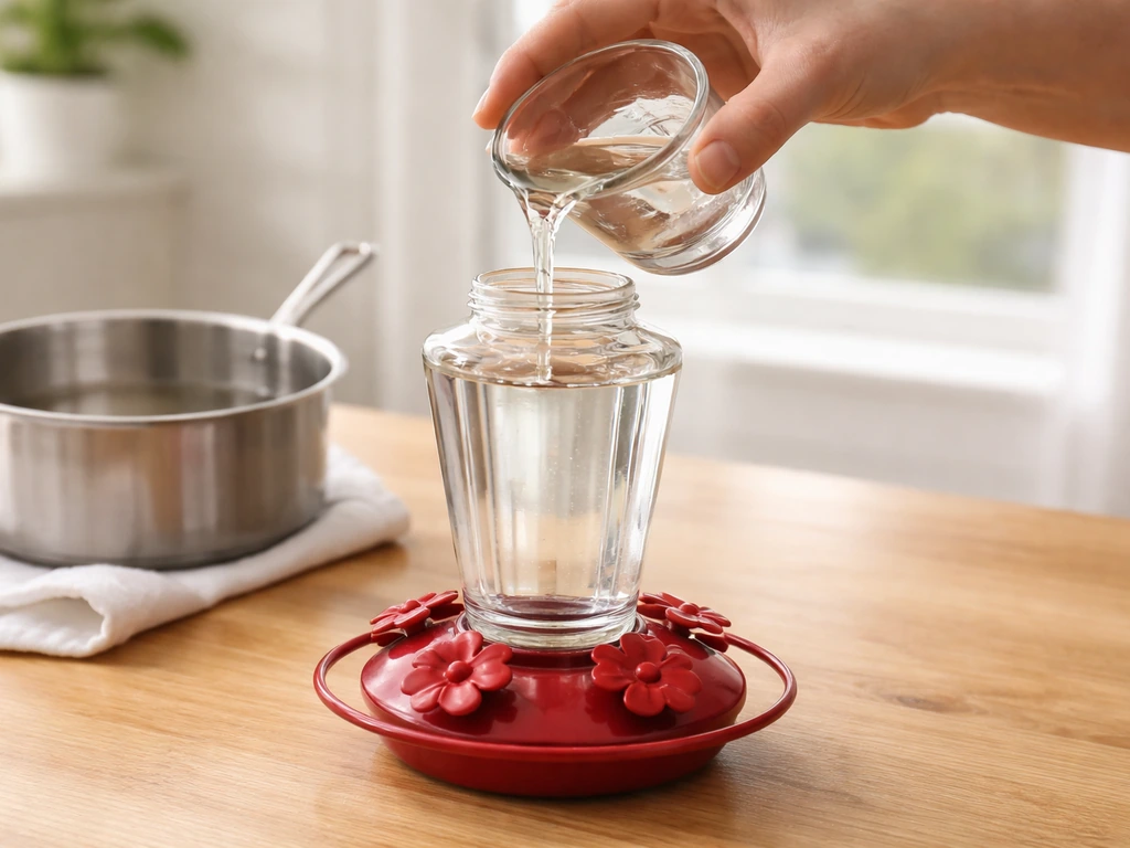 A clear sugar-water mixture being poured into a glass bird feeder beside a small pot cooling down.
