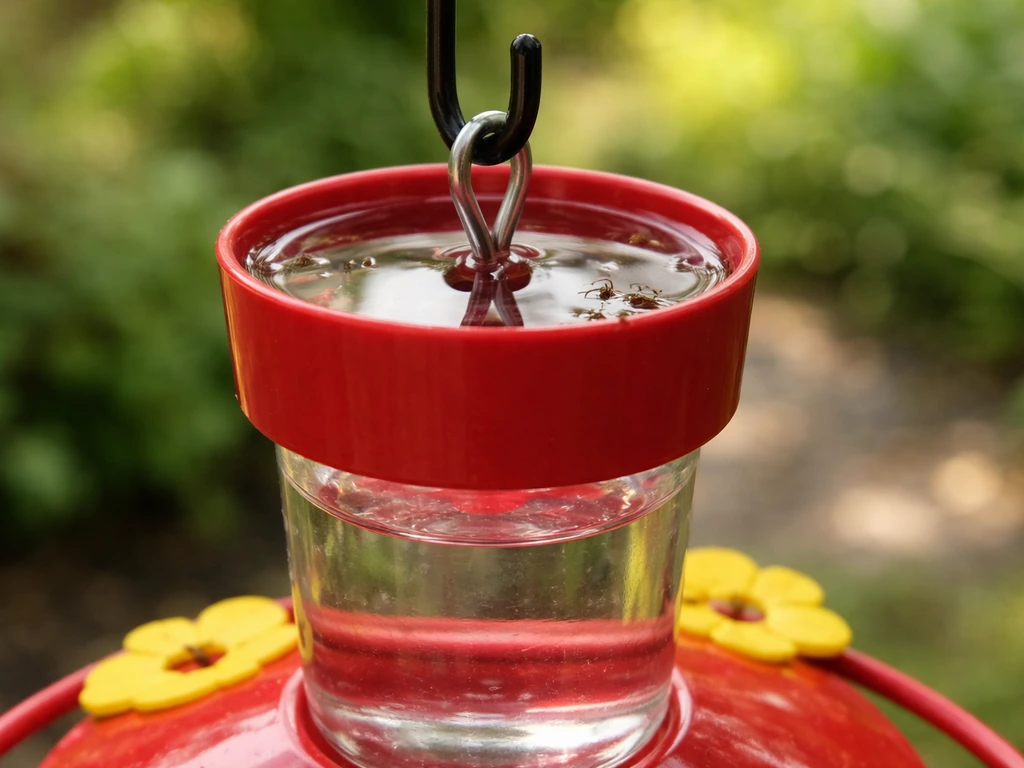 Water-filled ant moat around a hanging nectar feeder with a few small ants nearby.