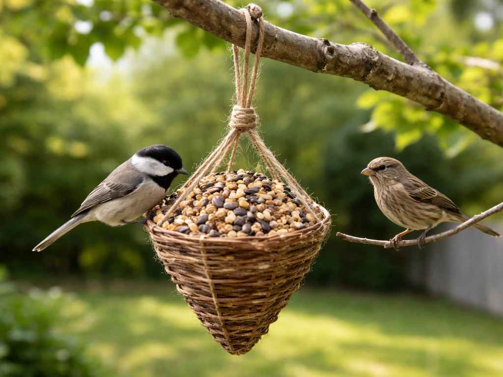 DIY bird seed hanger outdoors with seed feeder shape, birds approaching on a branch.