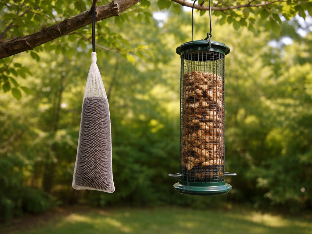 Two hanging backyard seed feeders side by side: a nyjer mesh bag and a sturdier mesh seed hanger.