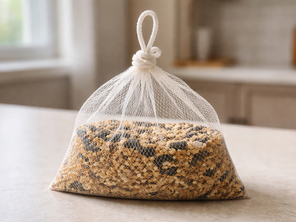 Close-up of a knotted mesh produce bag filled with bird seed, ready to hang.