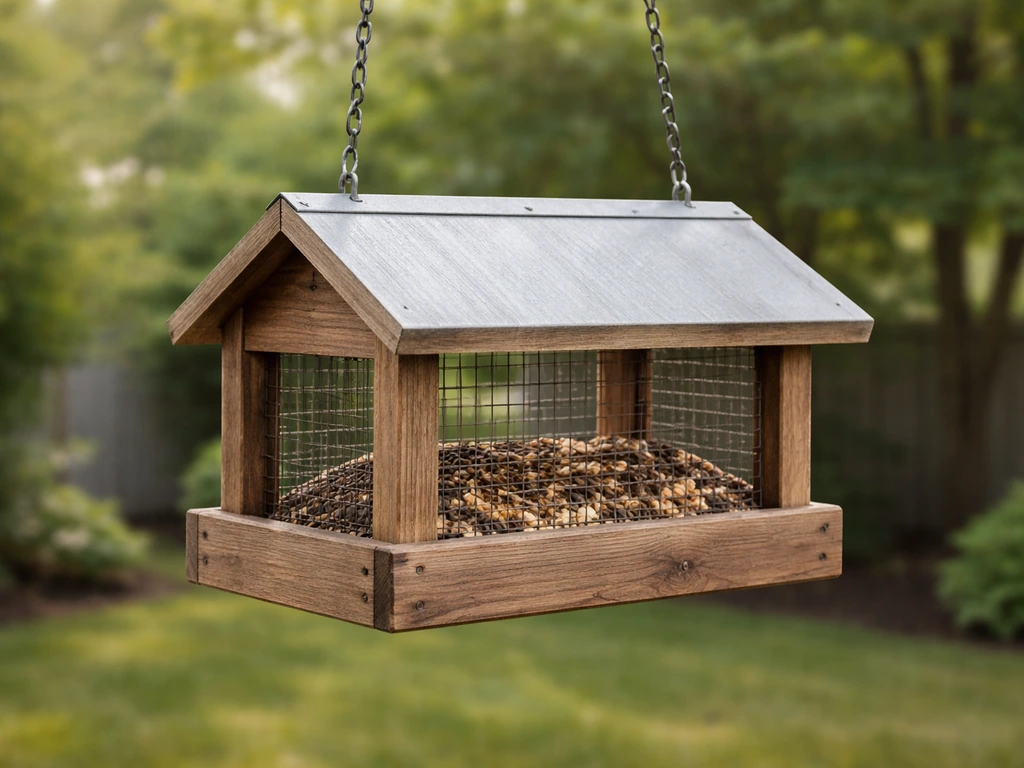 Finished hanging hopper feeder box with cedar walls and wire mesh sides, ready to install outdoors.