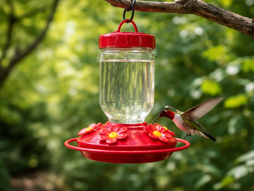 Inverted red DIY hummingbird feeder hanging outdoors as a hummingbird feeds nearby.