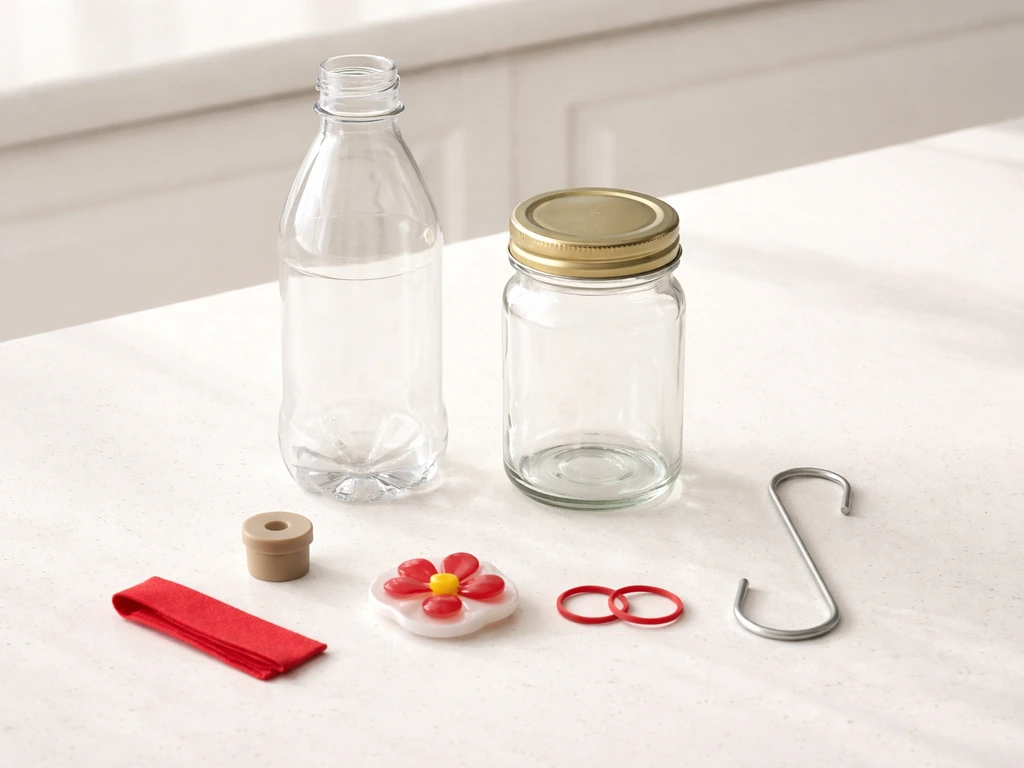 DIY hummingbird bottle feeder parts laid out: bottle/jar, rubber stopper, feeding port, hang hook, red accents.