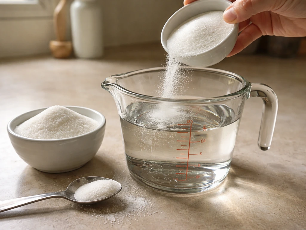 Close-up of sugar and water in measuring cups as hummingbird nectar 1:4 mix is being prepared.