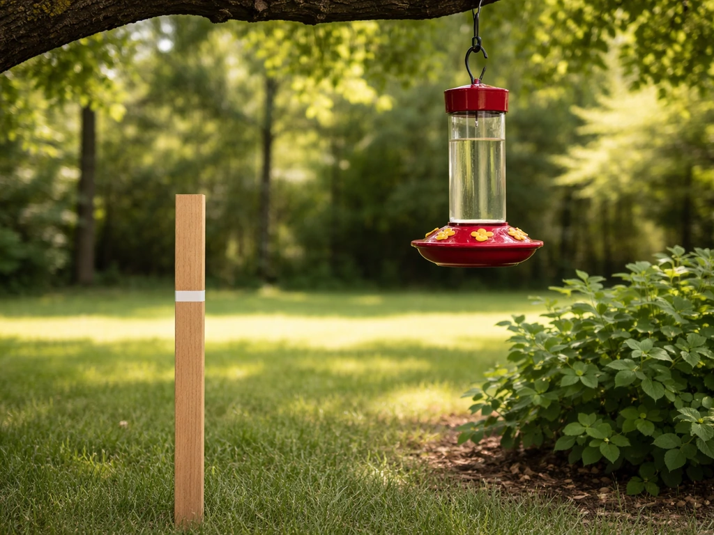 Hummingbird feeder hanging from a tree branch at correct height with a yard background showing shelter.