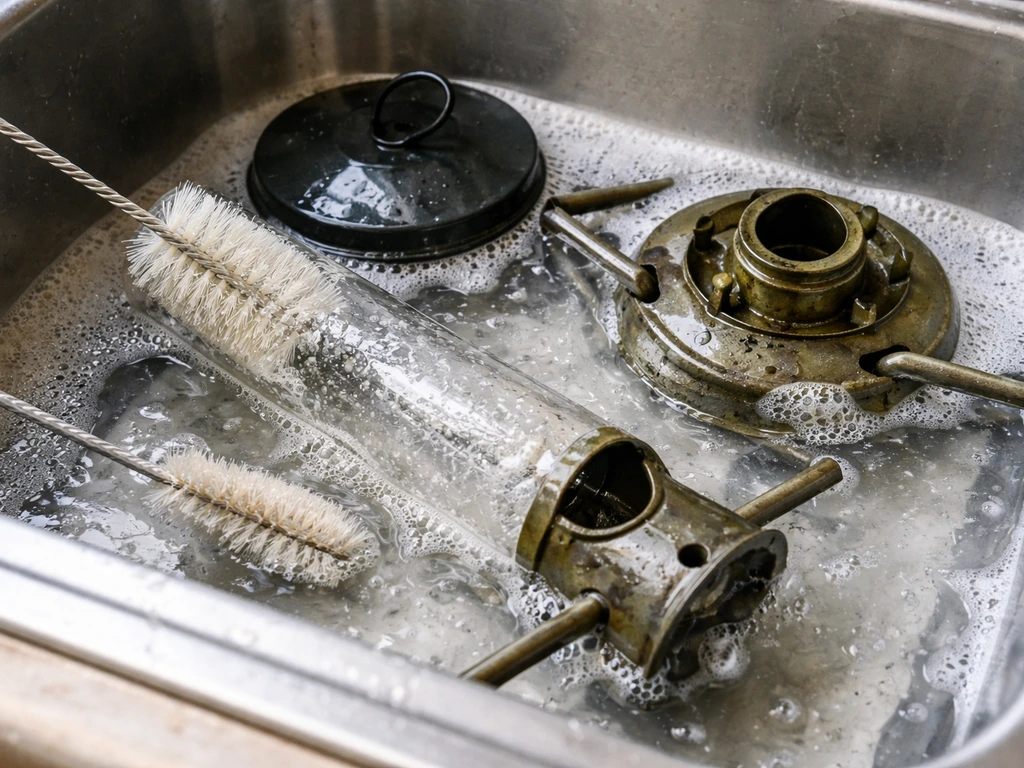 Disassembled bird feeder parts soaking and being scrubbed with bottle and pipe-cleaner brushes in a sink.