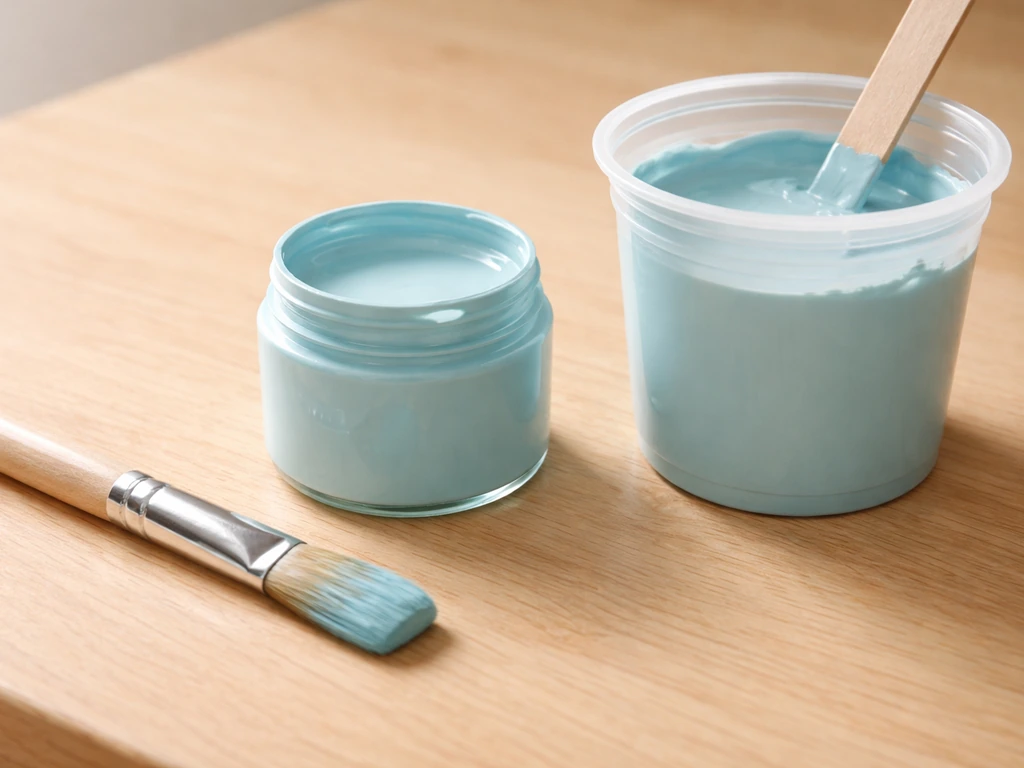 Close-up of a paintbrush and water-based acrylic craft paints on a clean work surface