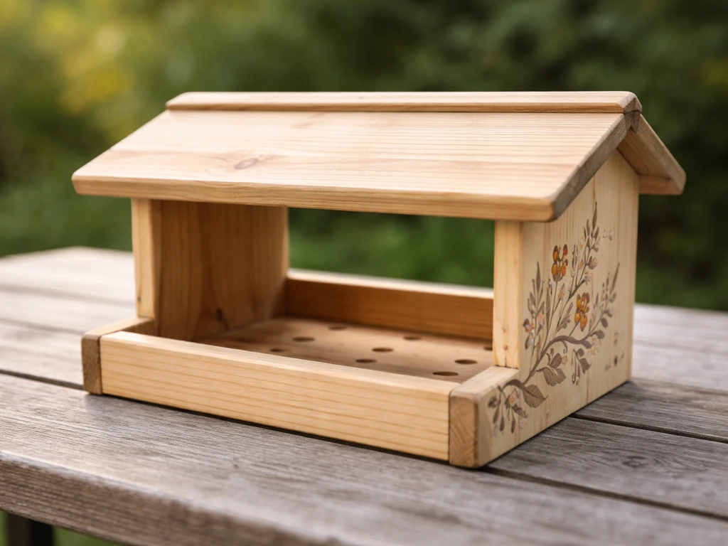 Hand-painted wood bird feeder with a lightly sanded surface and a neat decorative motif