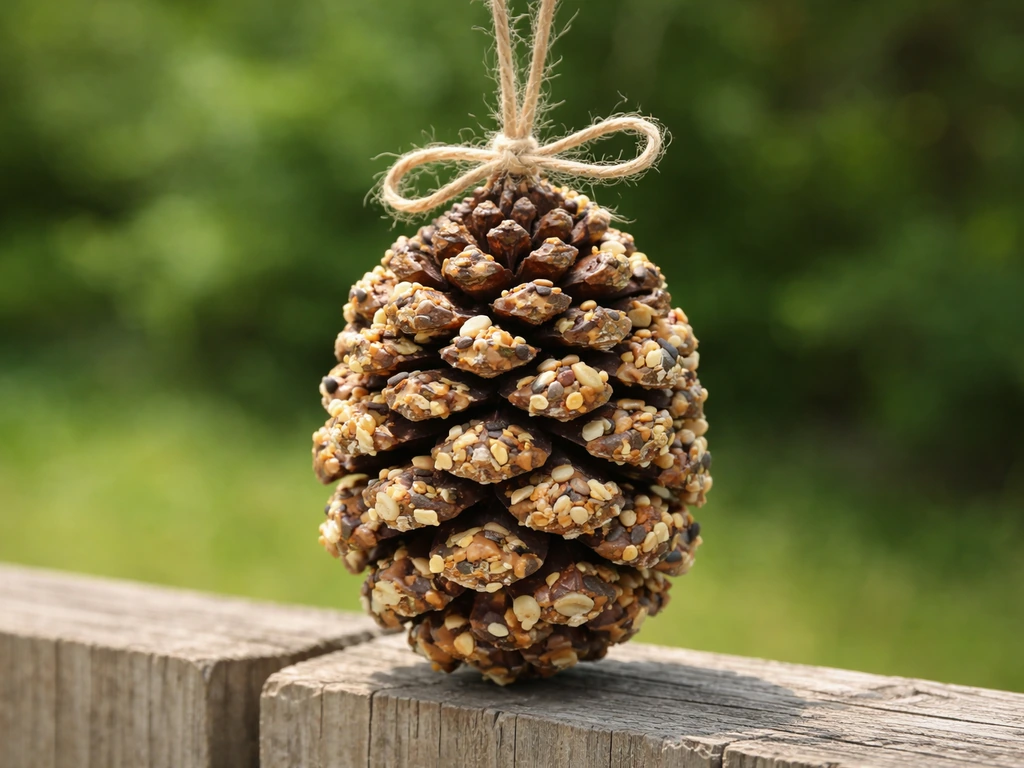 Pinecone bird feeder coated with seeds, tied with natural twine and set outdoors in soft daylight.