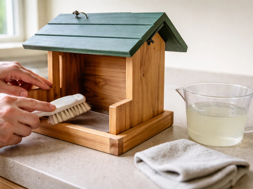 Hands scrub a bird feeder with an open access panel while diluted bleach sits safely nearby.