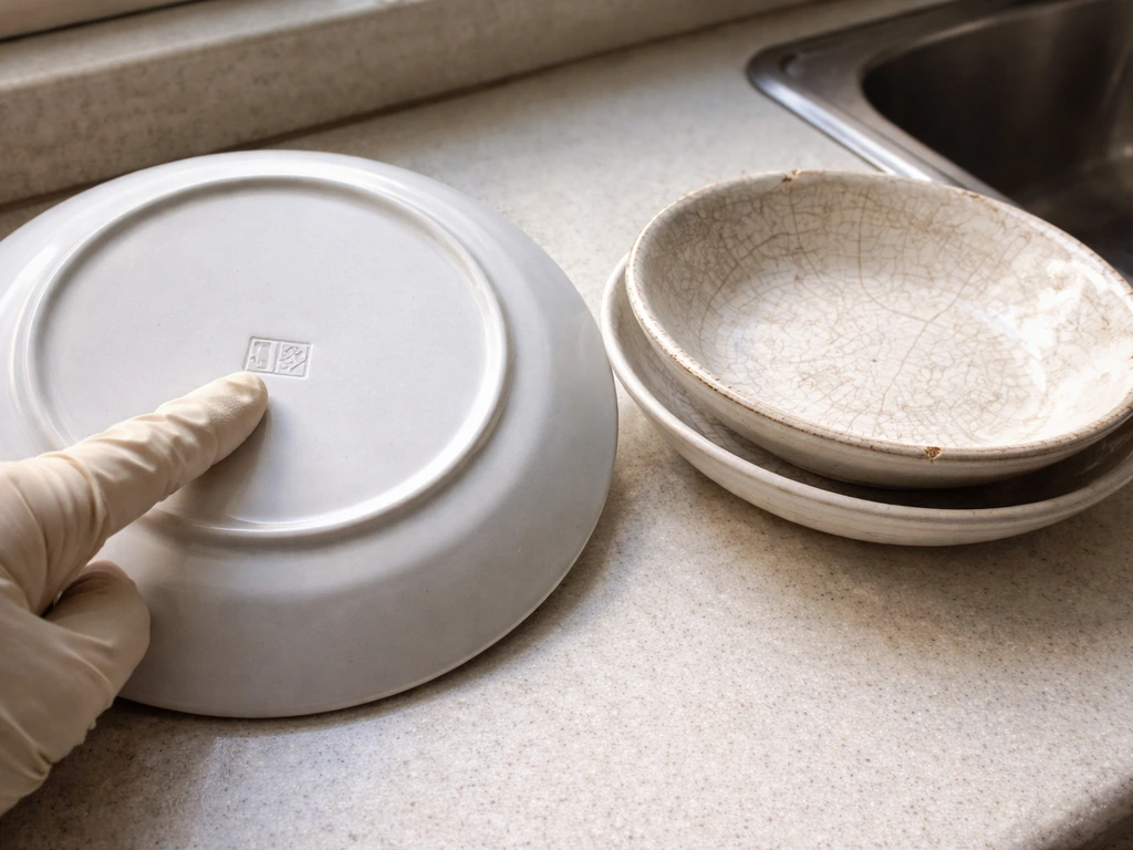 Close-up comparison of modern dishwasher-safe dishware and older worn ceramic dishes on a kitchen counter.