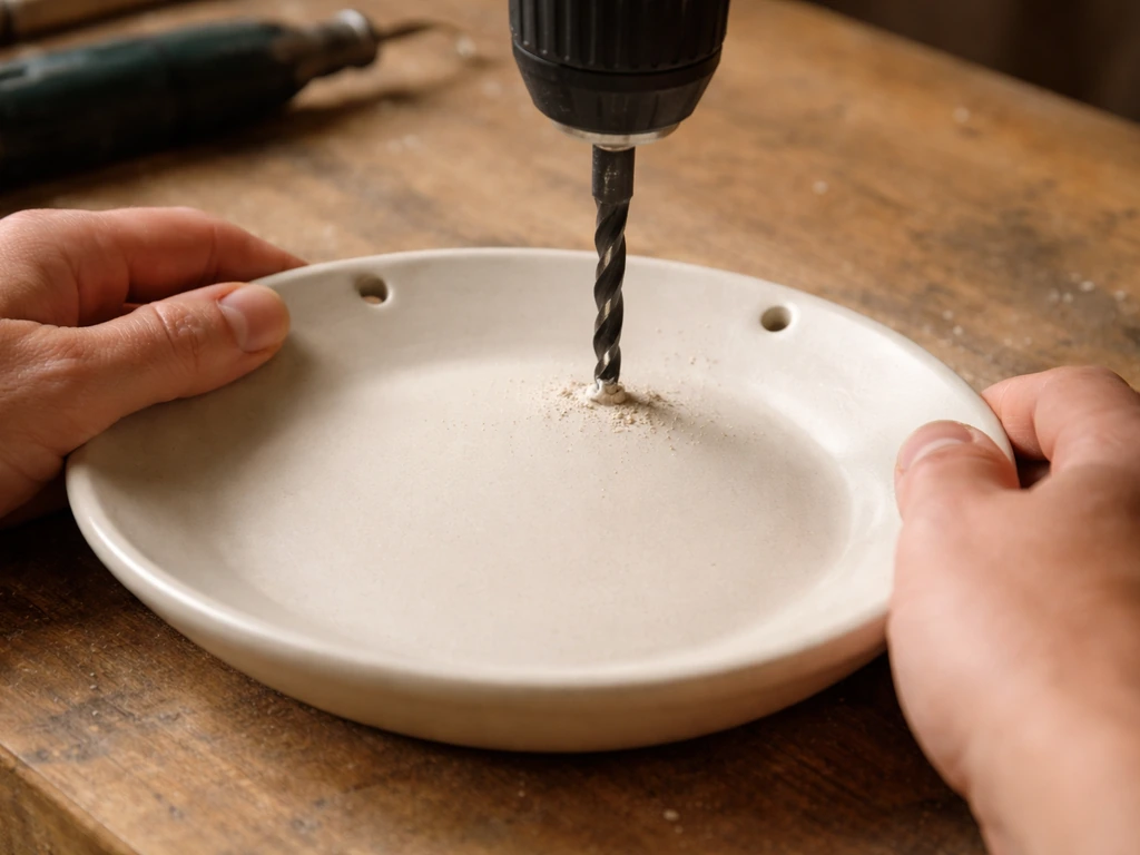 Hands using a drill to make three evenly spaced holes near the rim of a shallow plate