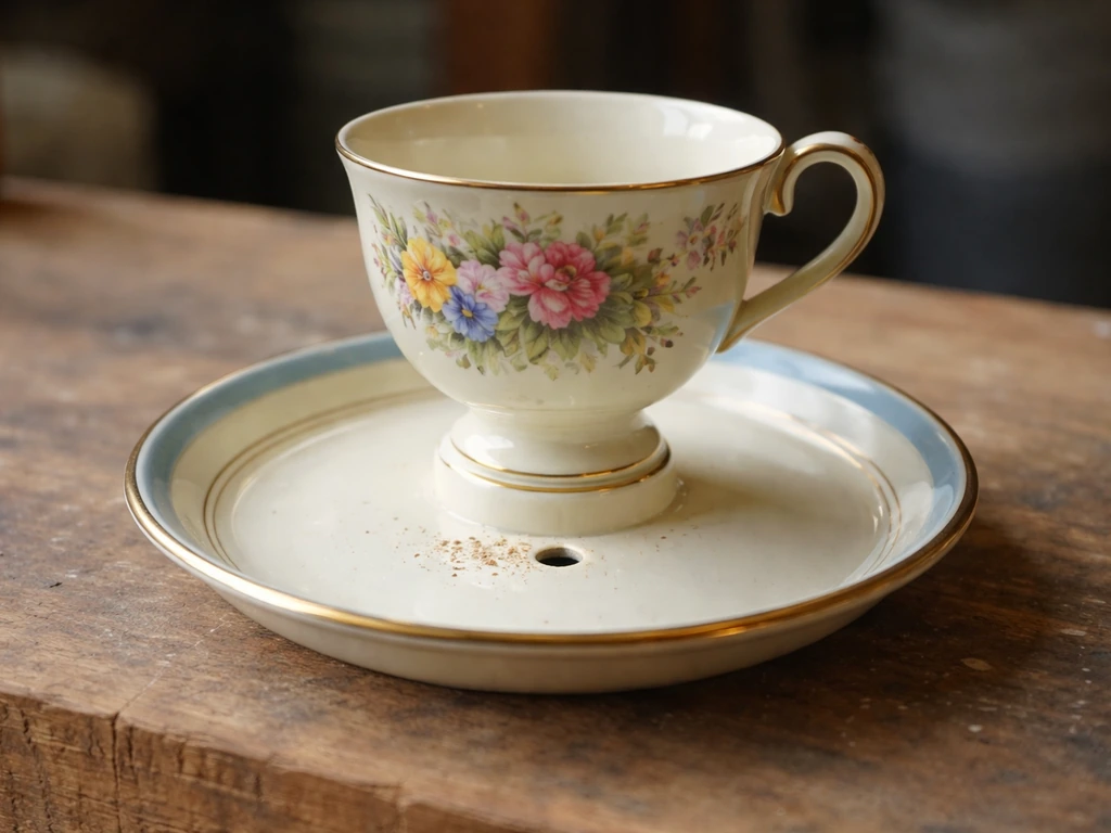 Mismatched teacup stacked above a drilled saucer on a wooden table, showing a simple trickle-feeder setup