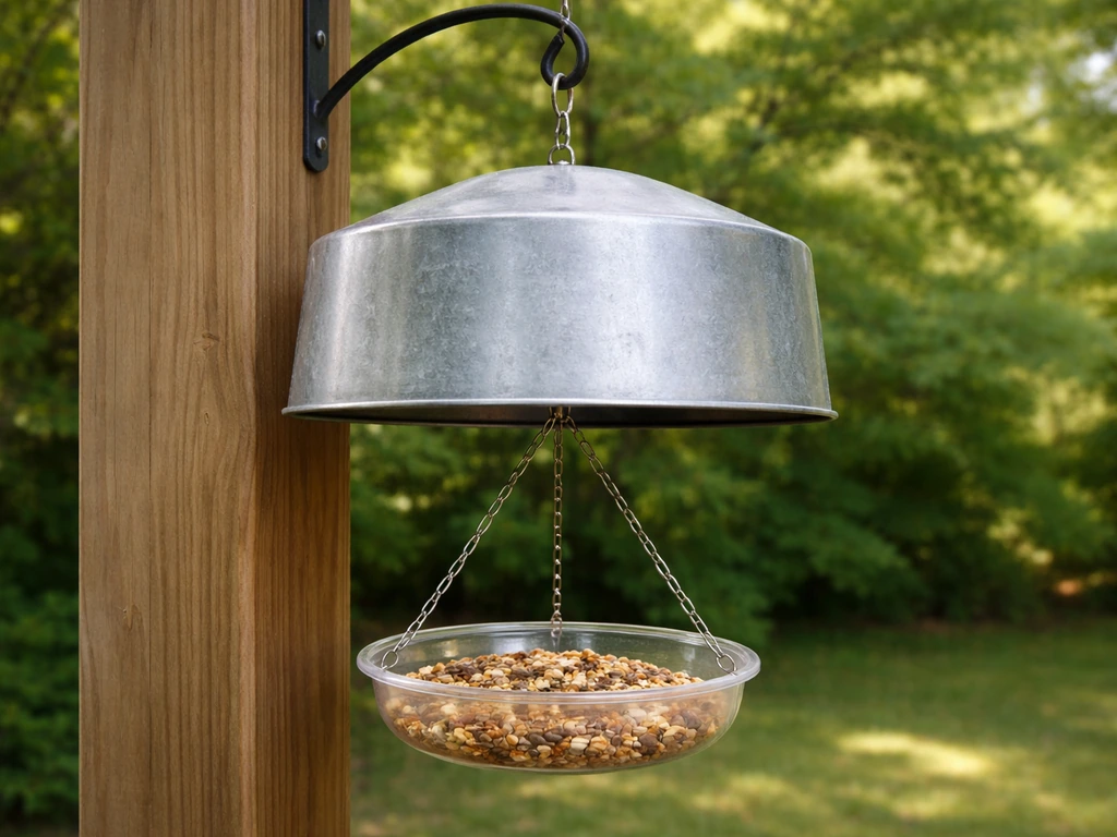 A hanging bird dish feeder with a metal squirrel baffle above it, outdoors with green foliage.