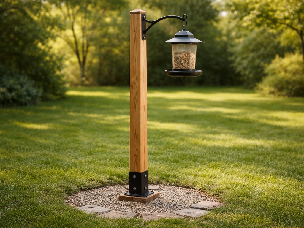 Finished DIY bird feeder post in a backyard with a securely mounted feeder and clear area around the base.