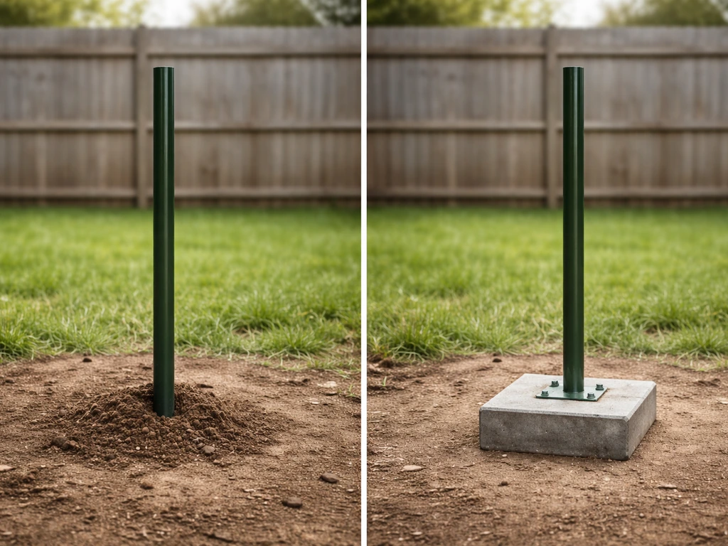 Backyard comparison of an in-ground post and a weighted freestanding post, side-by-side with clear height difference.