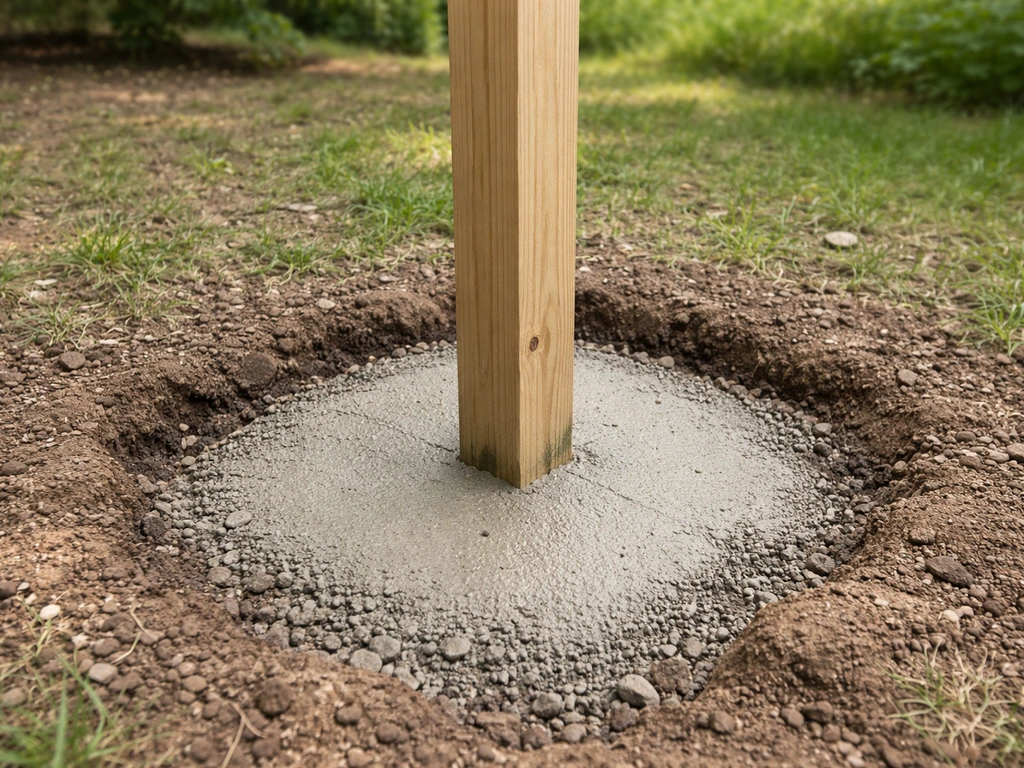 A centered wooden bird feeder post standing in a concrete-filled hole, ready to cure.