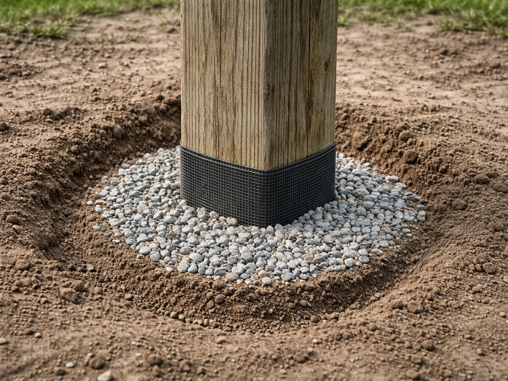 Close-up of a fence post base with compacted soil, gravel ring, and a pest-blocking barrier